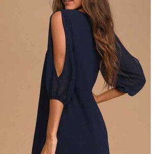 Lulu's Shifting Dears Navy Blue Long Open Sleeve Shift Dress Size Small